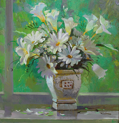 Oil painting by Egor Shvachunov of weathered urn with white lilies and daisies