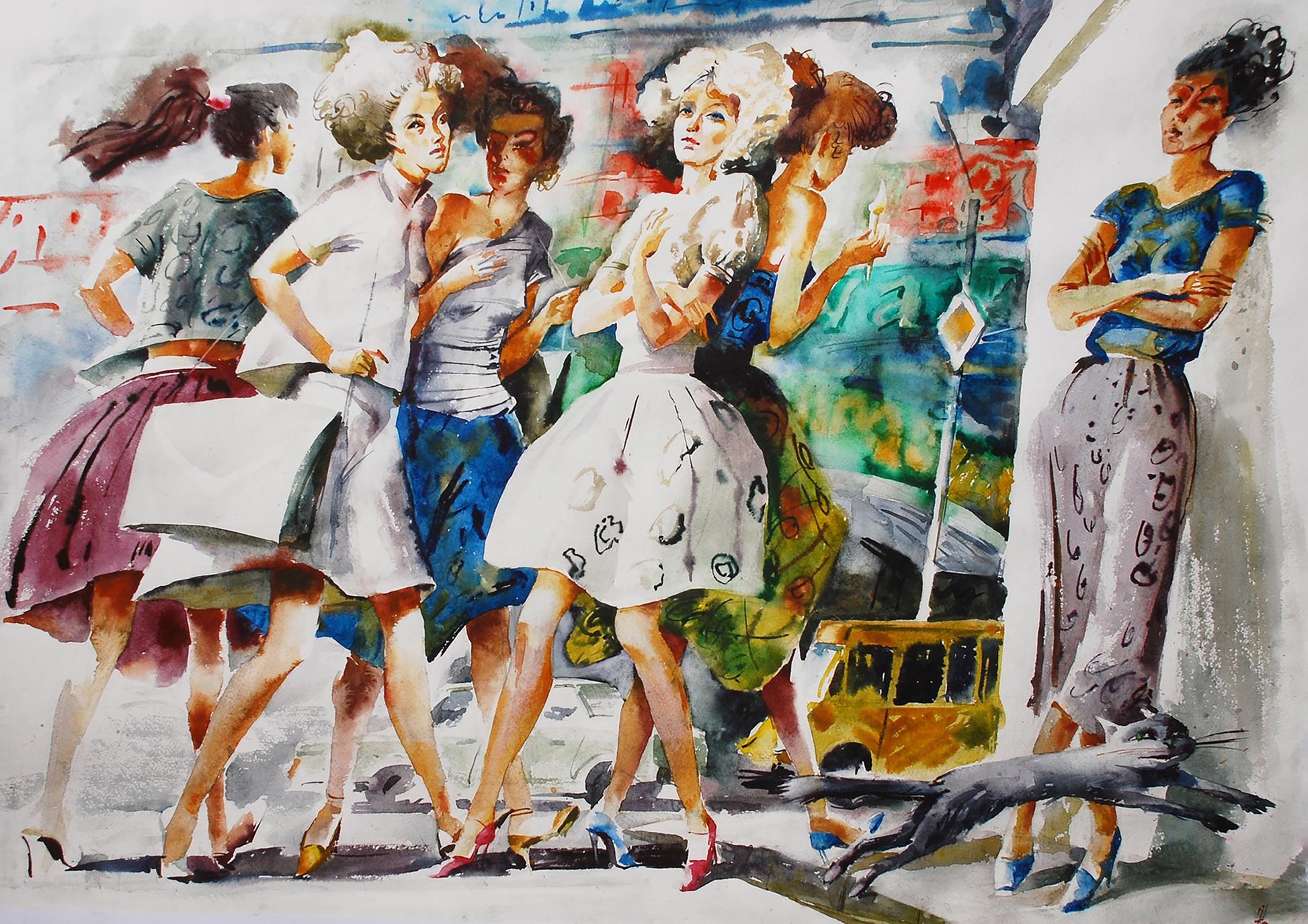 Watercolor painting of six 1950s women at crosswalk by Egor Shvachunov