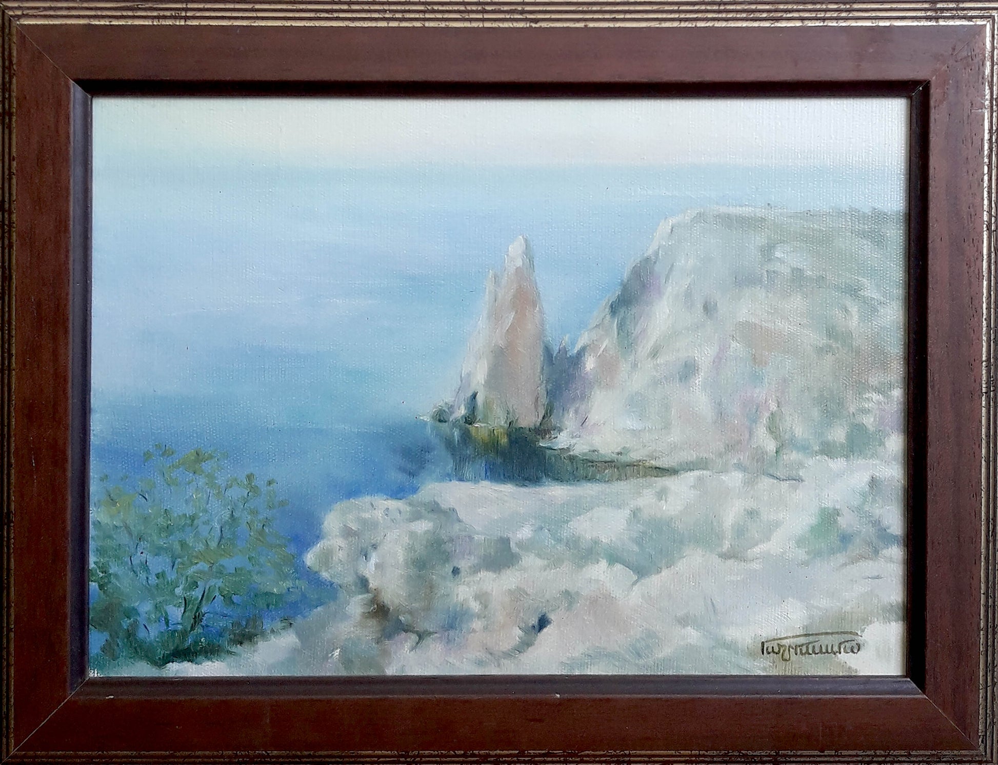 Oil painting Nautical motive Korkishko Vasily: serene coastal cliffs and sea in wooden frame