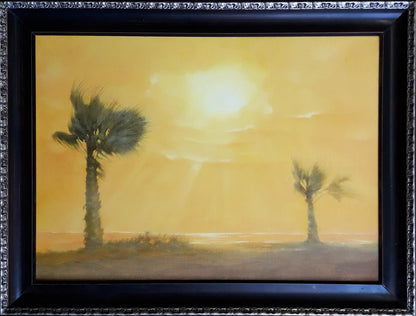 Framed oil painting by Egypt Korkishko Vasily: two palm trees at golden sunset