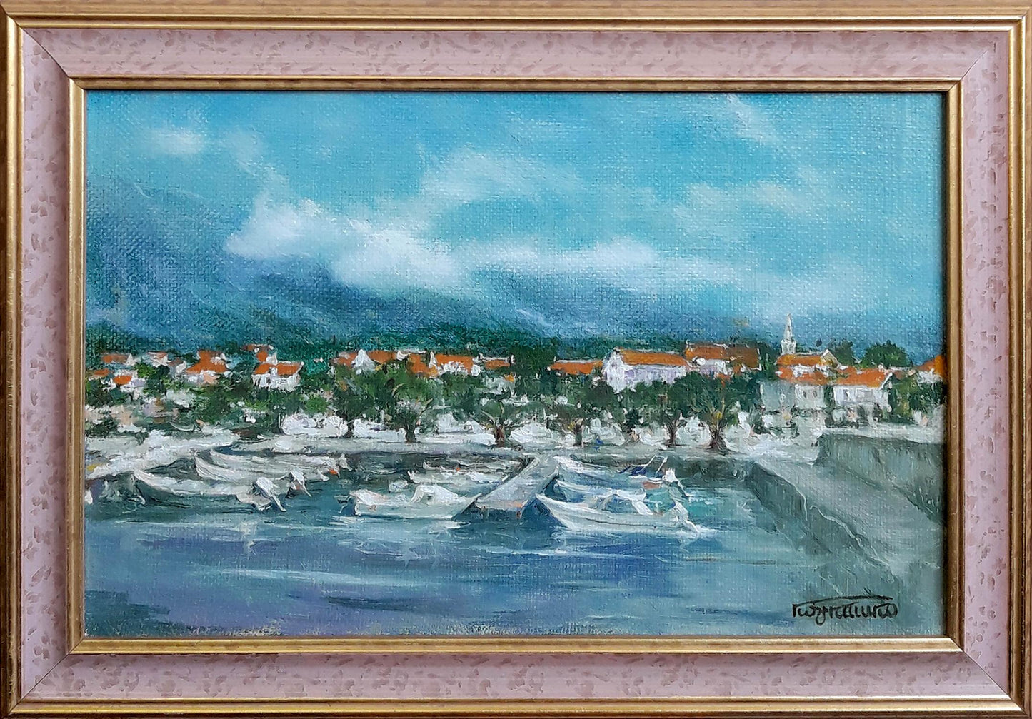 Oil painting of resort town near sea by Vasily Korkishko, coastal harbor scene