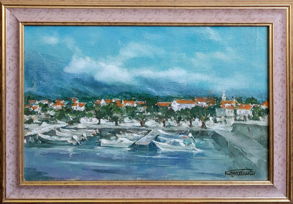 Oil painting of resort town near sea by Vasily Korkishko, coastal harbor scene