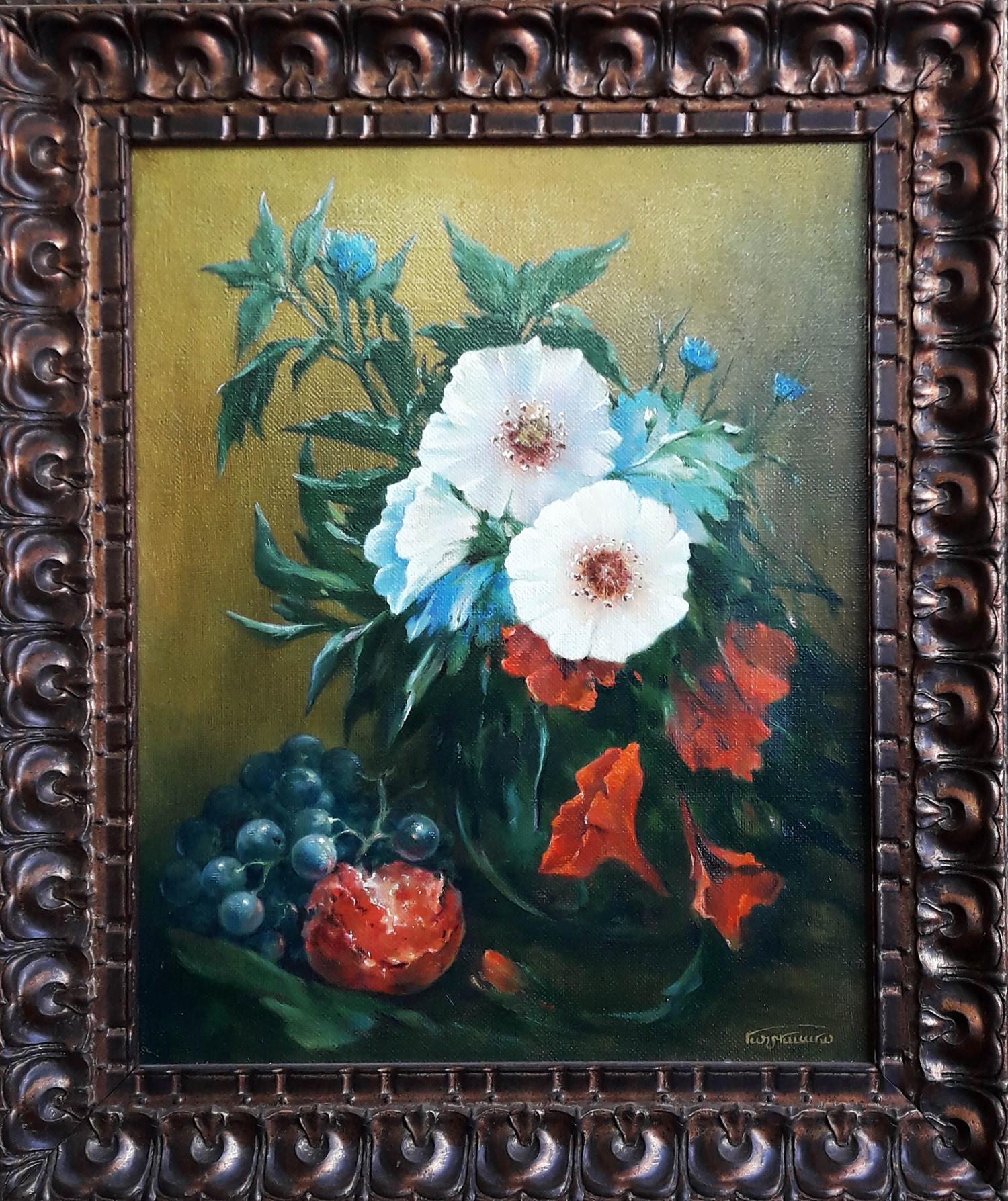 Oil painting Still life with bright flowers by Vasily Korkishko in ornate bronze frame