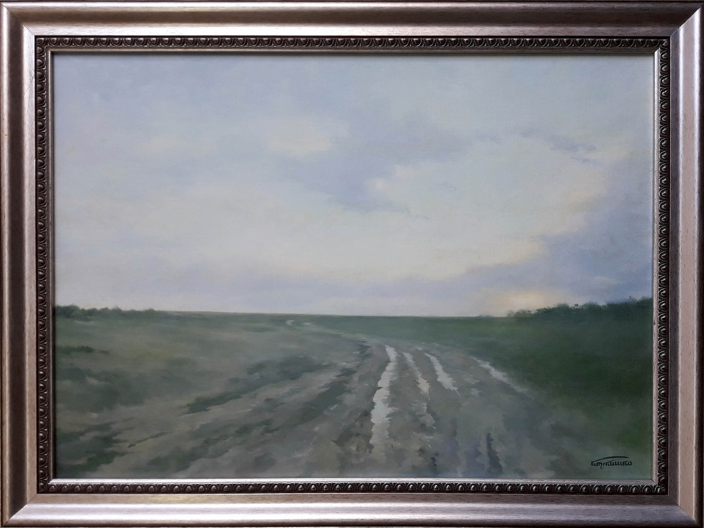 Silver ornate frame with Korkishko Vasily oil painting of dirt road after rain
