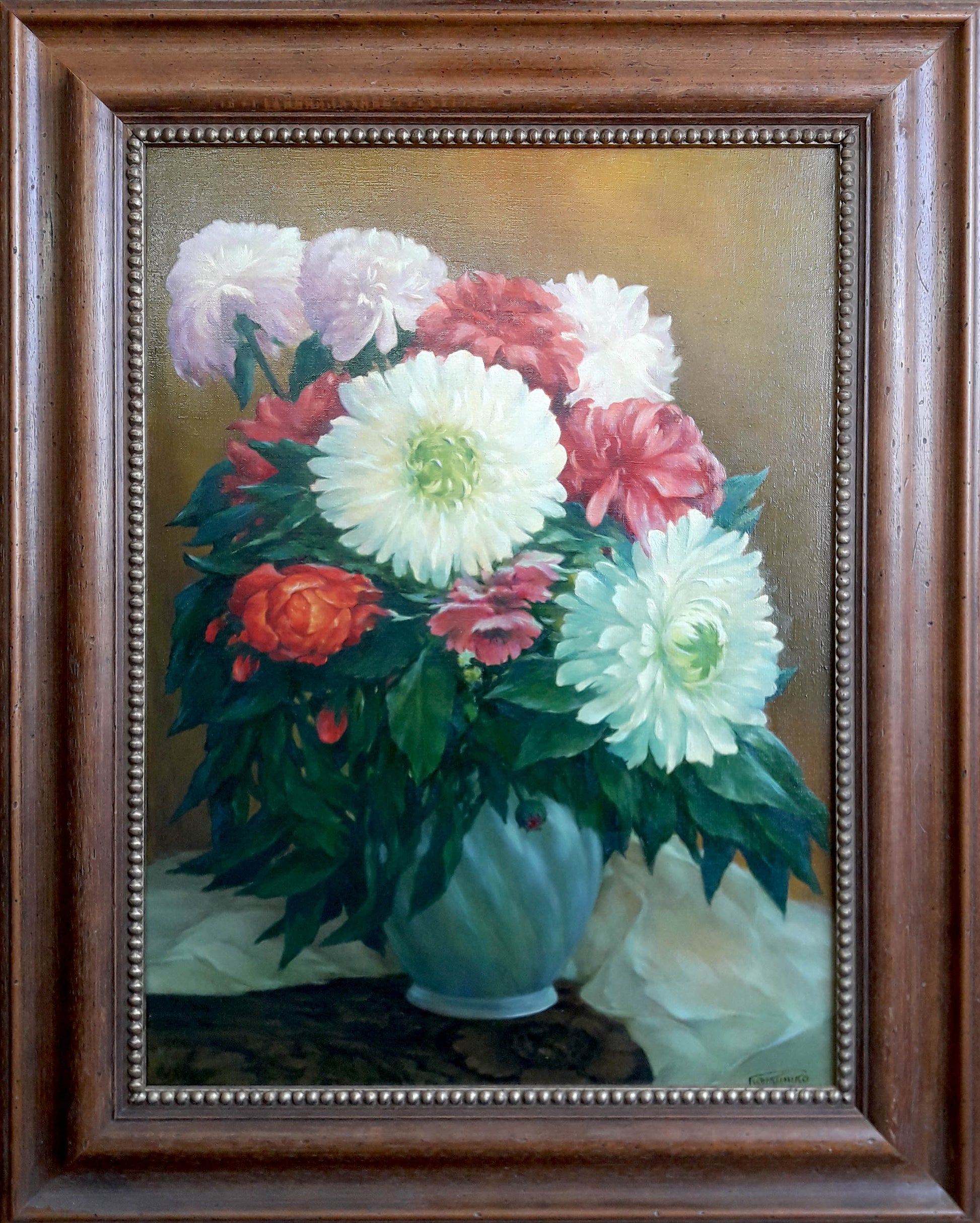 Oil painting Festive still life by Korkishko Vasily: vibrant peonies in blue vase