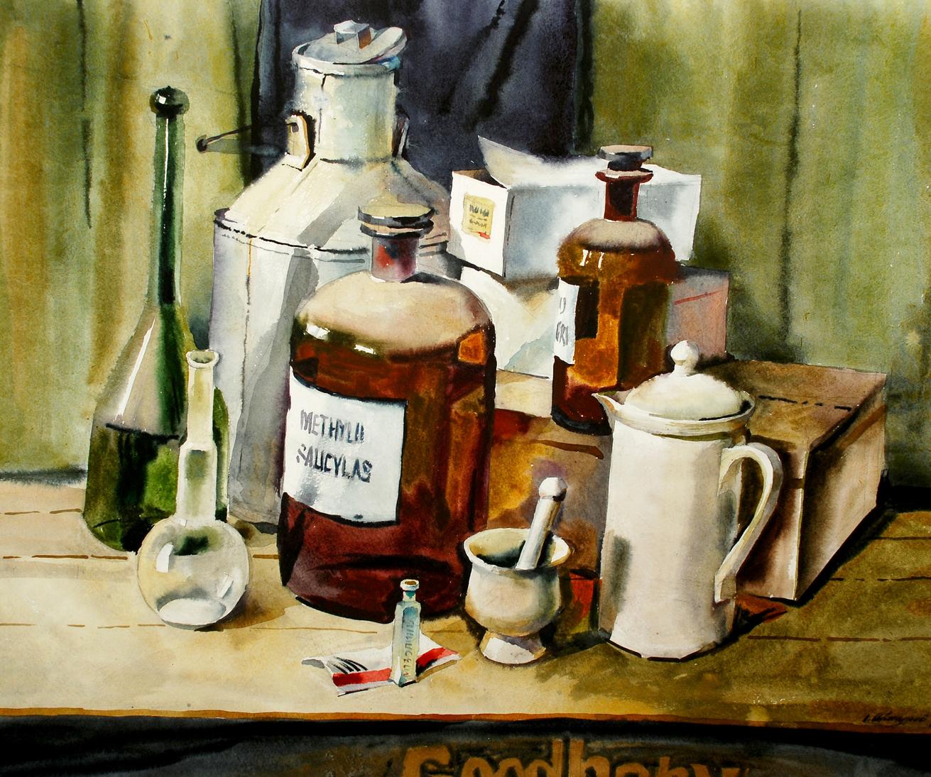 Watercolor painting of methyl salicylas bottle on lab table by Egor Shvachunov