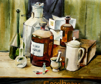 Watercolor painting of methyl salicylas bottle on lab table by Egor Shvachunov