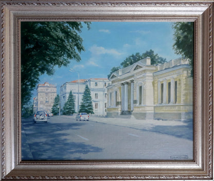 Oil painting of Historical Museum in Dnipro by Korkishko Vasily, sunlit street scene