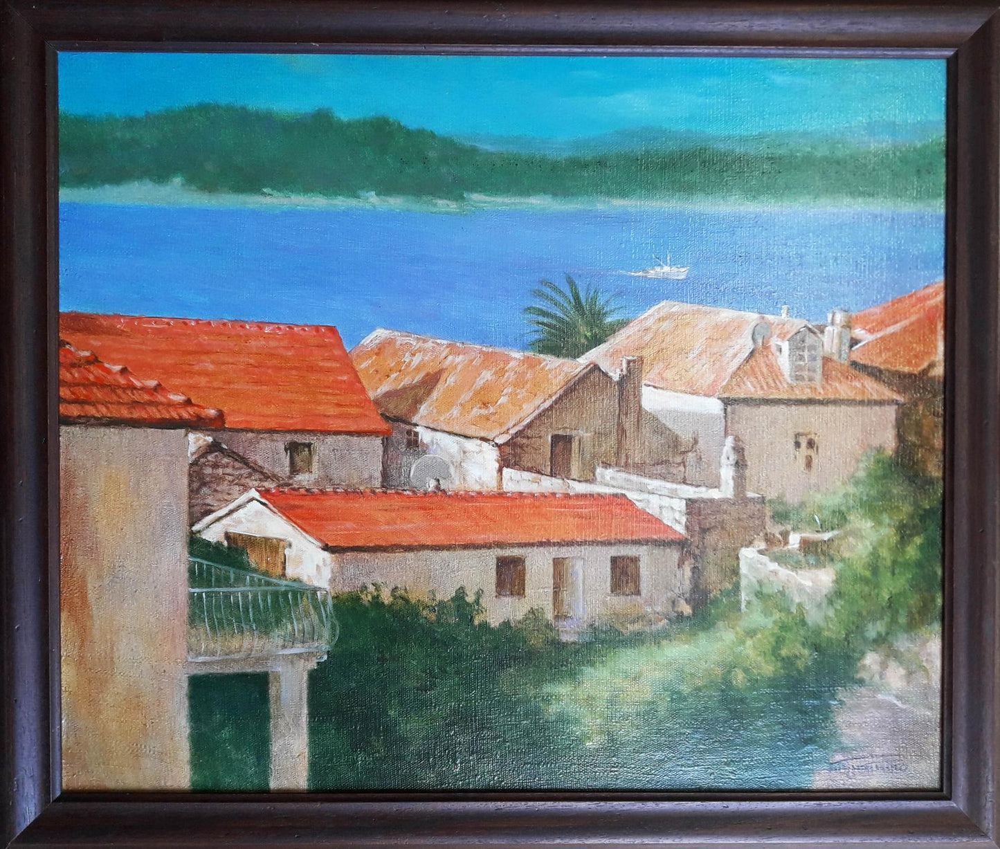 Oil painting Villas by the Sea by Vasily Korkishko, coastal village scene