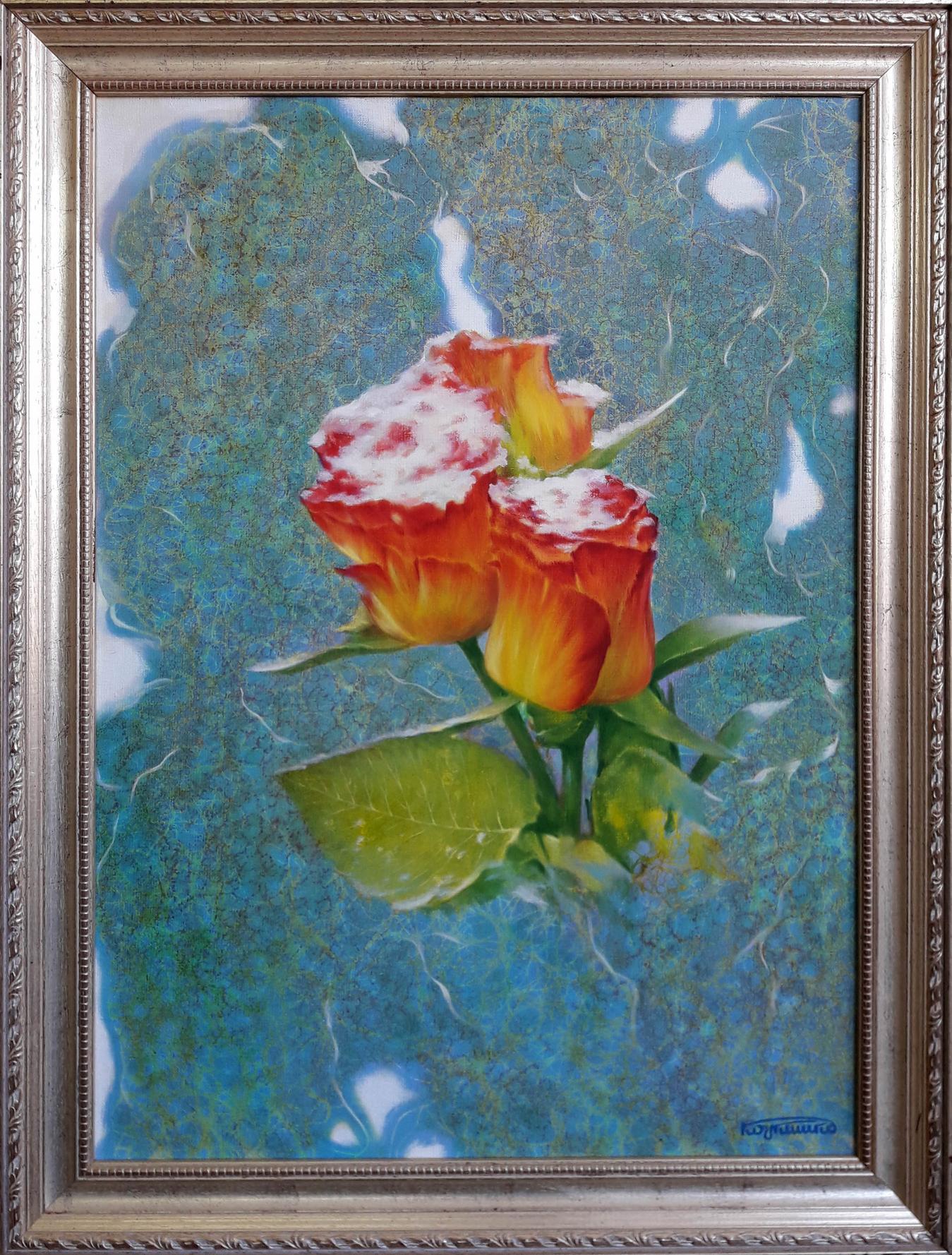 Oil painting Gift of Roses by Vasily Korkishko: orange roses on teal
