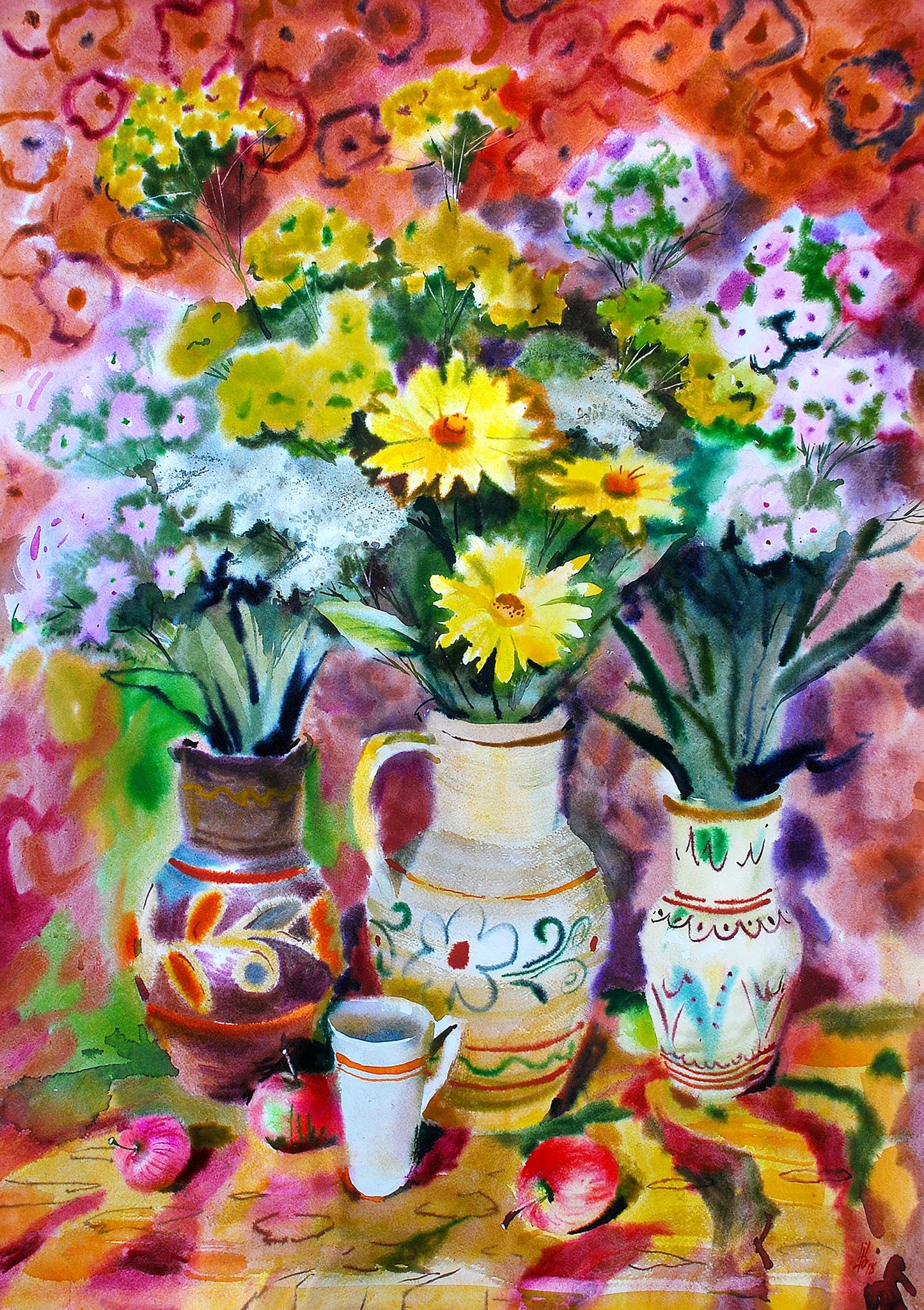 Vibrant watercolor painting of colorful flowers in ceramic vases by Egor Shvachunov