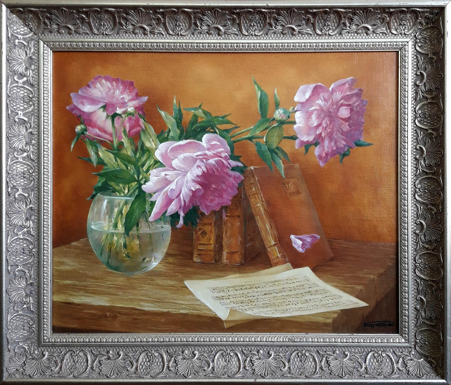 Oil painting of pink peonies in glass vase by Vasily Korkishko