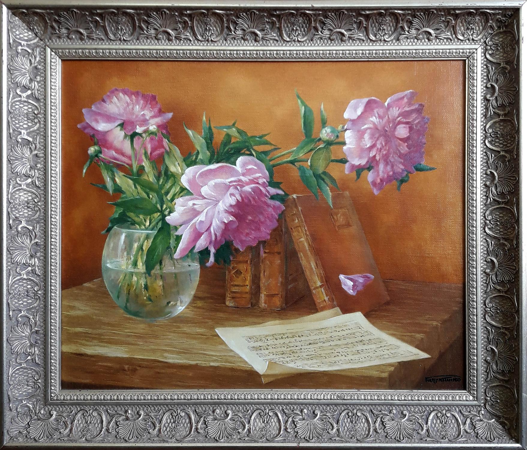 Oil painting of pink peonies in glass vase by Vasily Korkishko