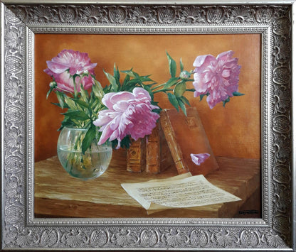 Oil painting of pink peonies in glass vase by Vasily Korkishko