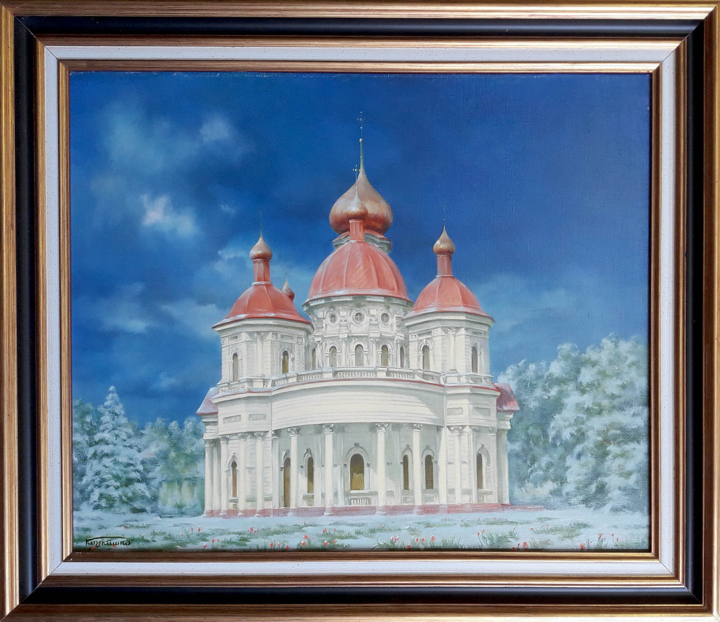 Oil painting of Bryansk Nikolaev Church with red onion domes under blue sky