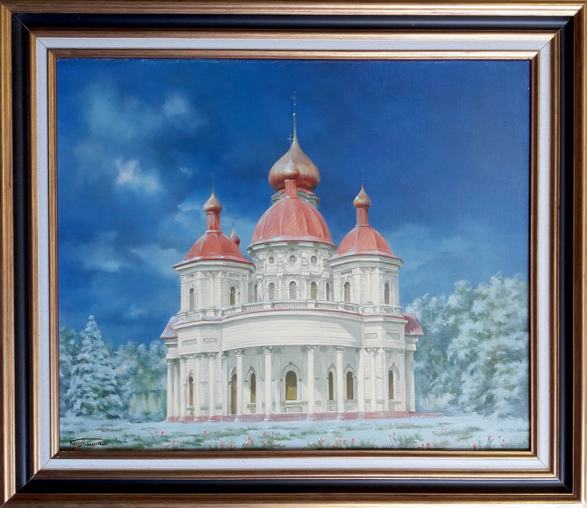 Oil painting of Bryansk Nikolaev Church with red onion domes under blue sky