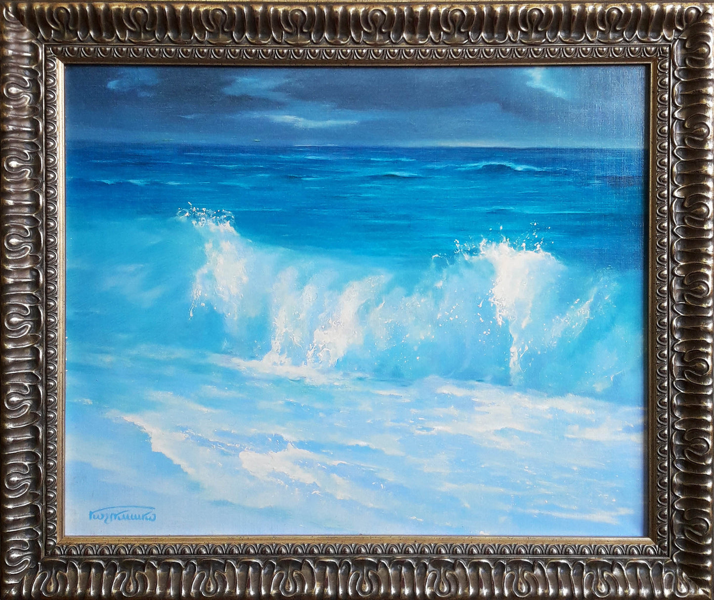 Oil painting Surf by Korkishko Vasily: vibrant blue ocean wave in ornate silver frame