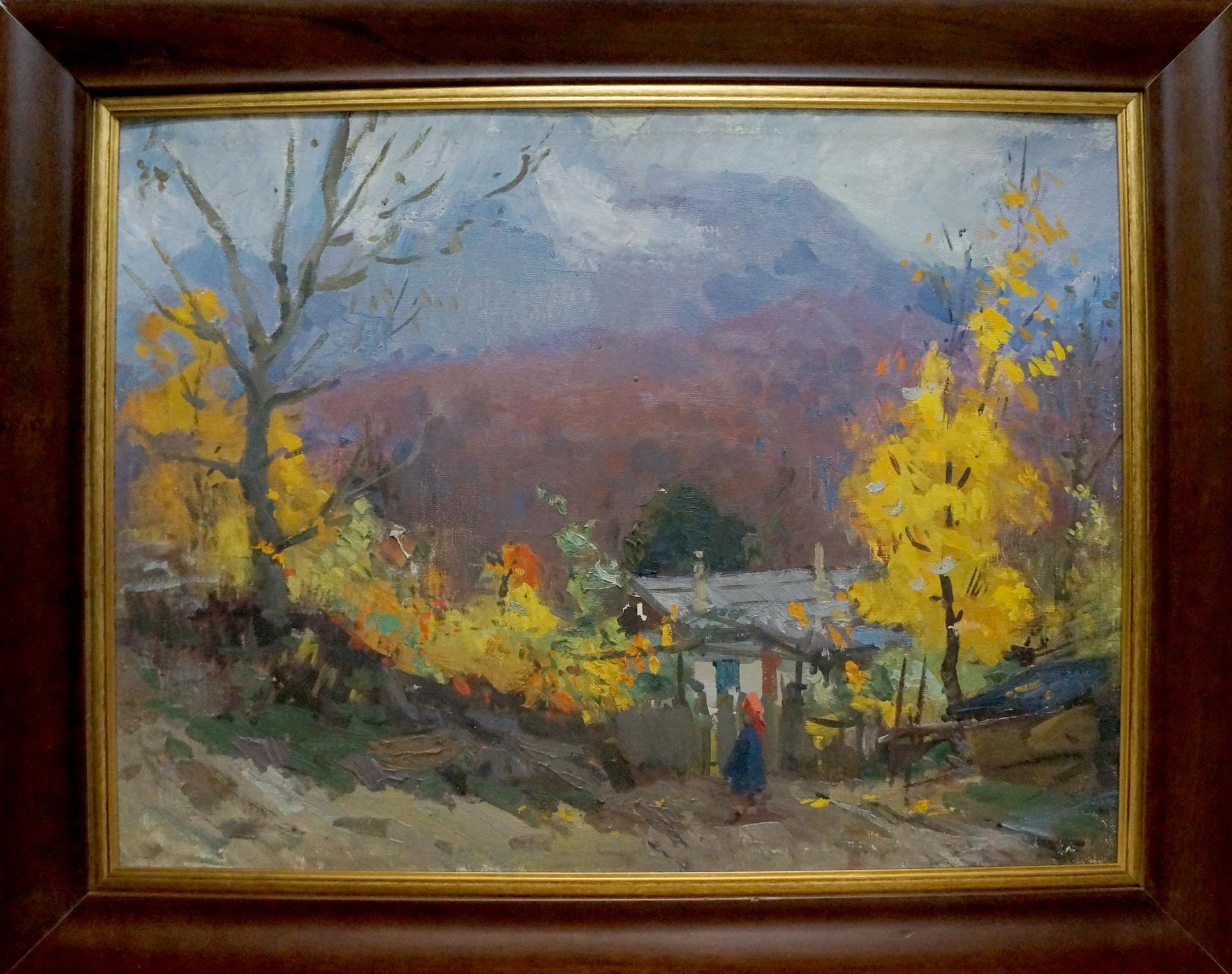 Framed oil painting by Kobylenkov Mikhail Vasilievich: house near mountain with autumn trees