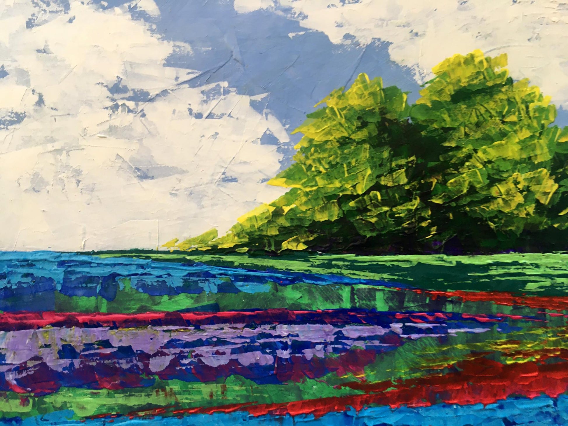 Vibrant Twilight Forestscape V. Zadorozhnya oil painting with bold color bands