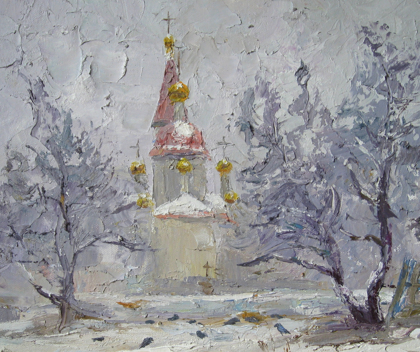 Snow-covered church with red roof and golden domes, custom landscape painting