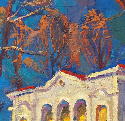 Oil painting of white classical building by Egor Shvachunov