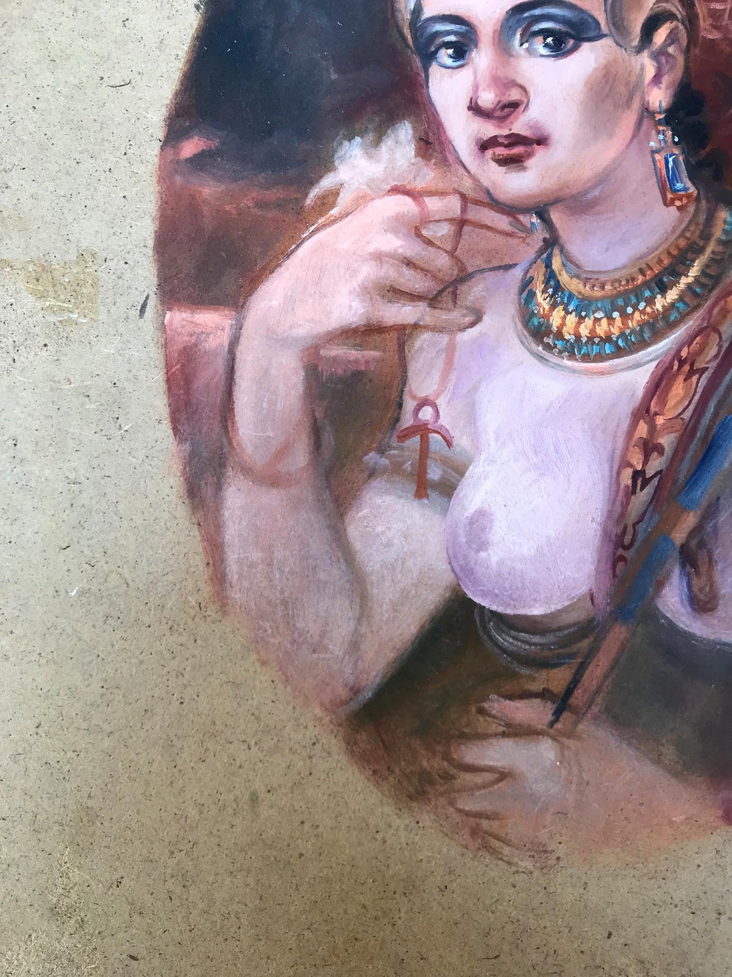Oil painting of Egyptian woman portrait by Alexander Arkadievich Litvinov with red ankh necklace