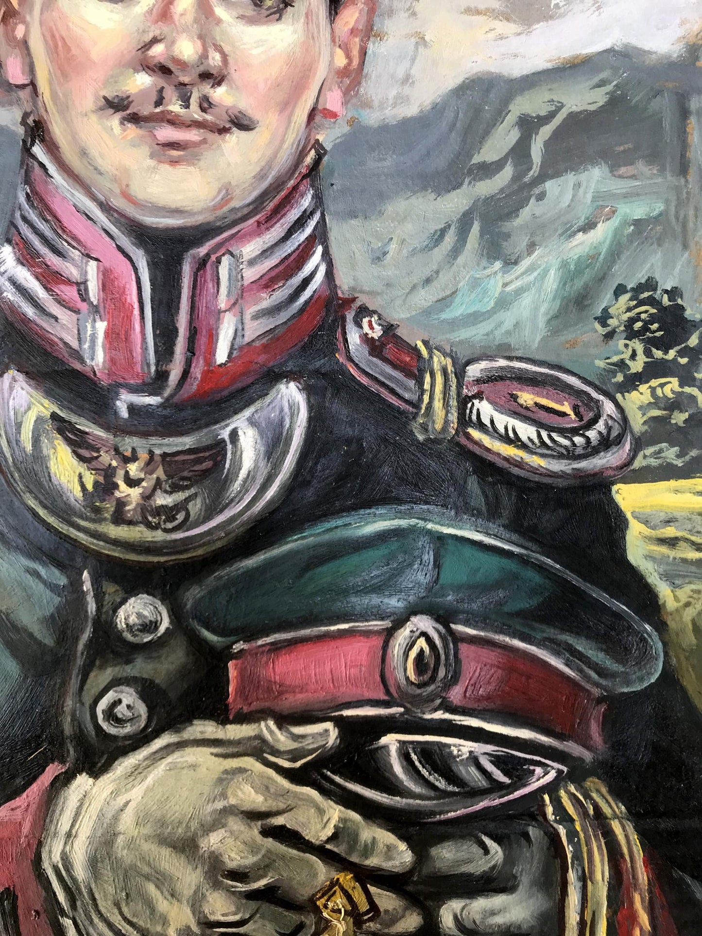 Oil painting of pensive officer Alexander Litvinov in ornate red uniform