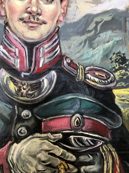 Oil painting of pensive officer Alexander Litvinov in ornate red uniform