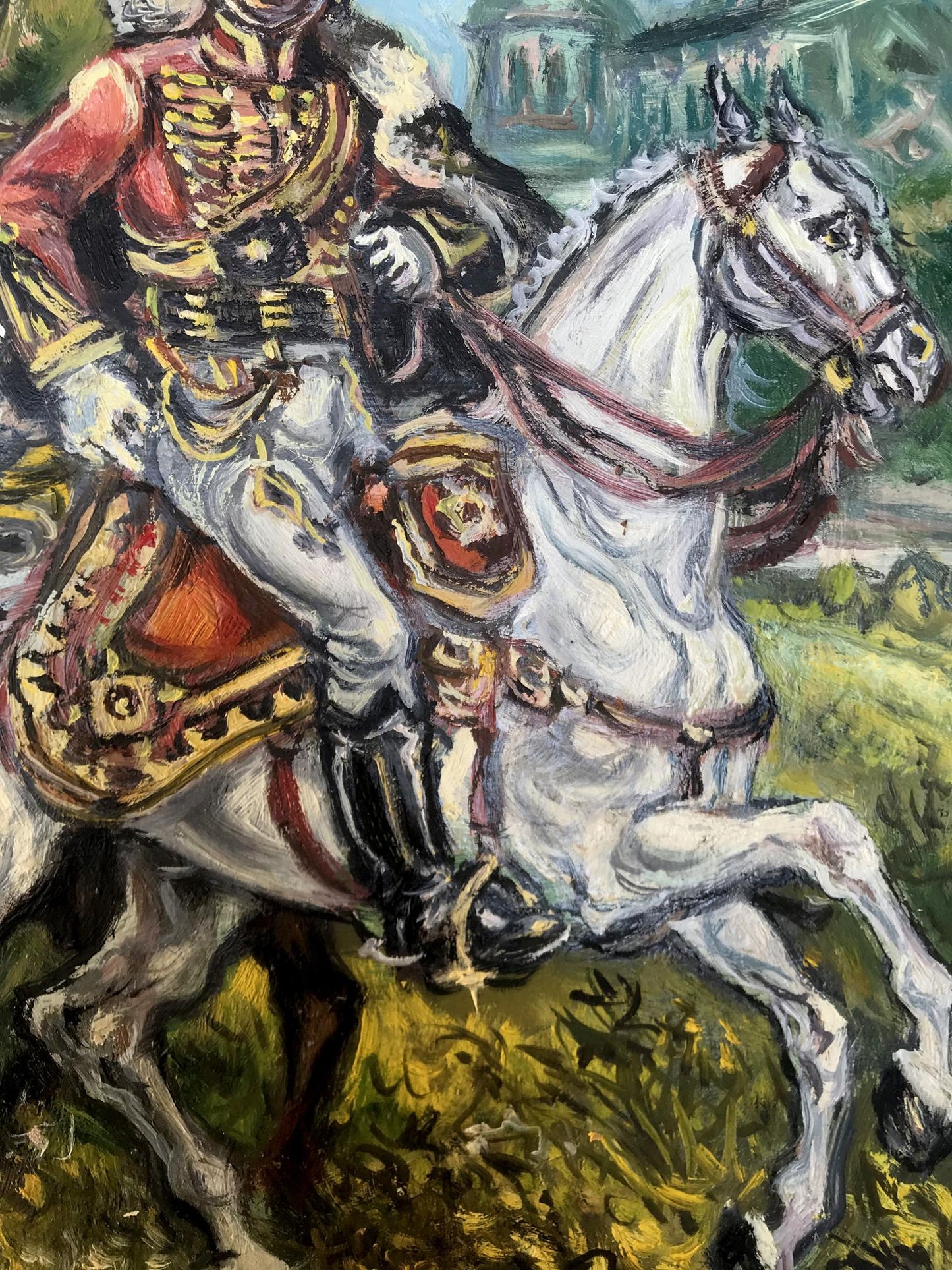 Oil painting of Alexander Arkadievich Litvinov, officer in red uniform on white horse