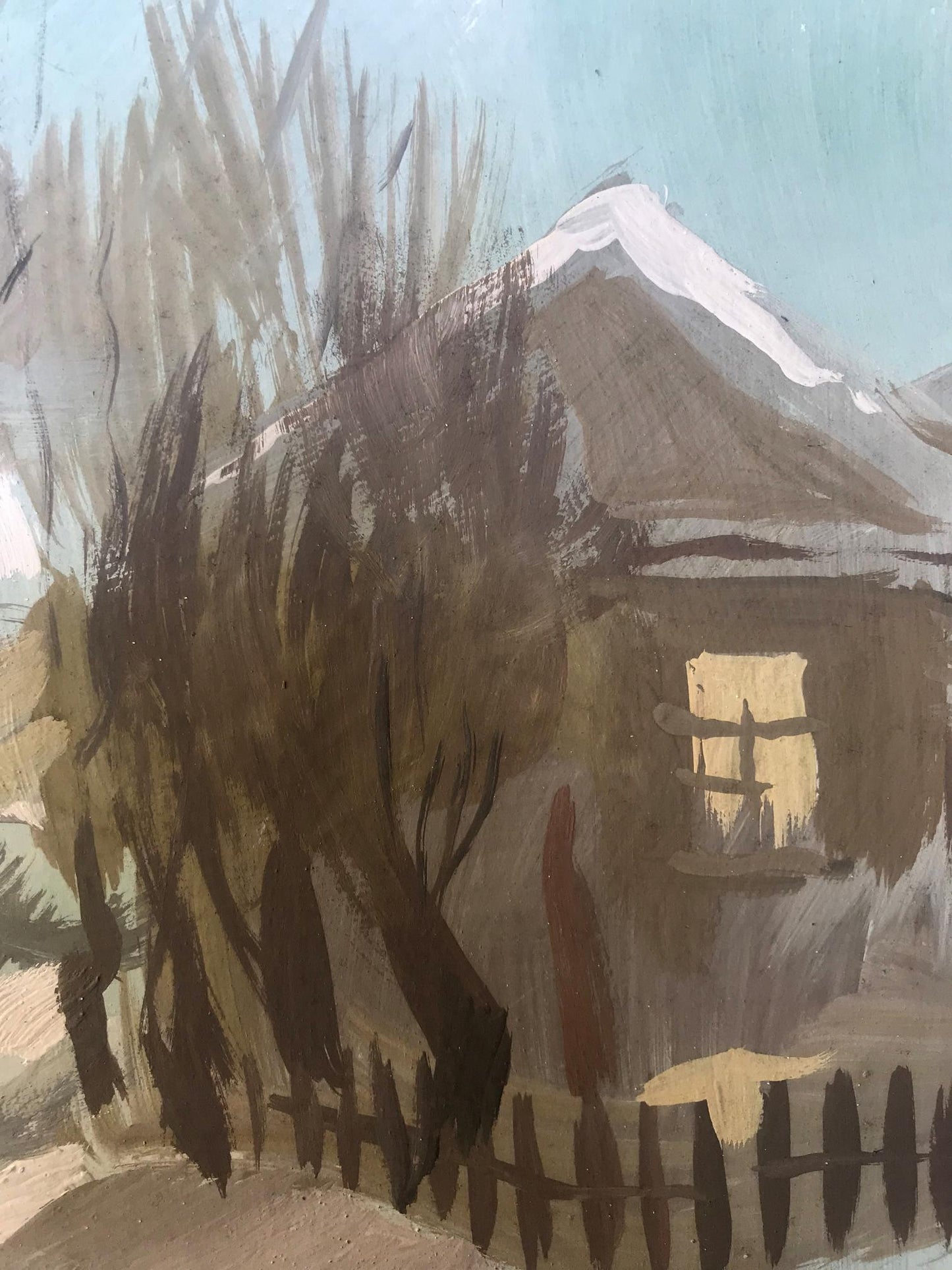 Oil painting of rustic snow-dusted wooden house at evening by Alexander Litvinov