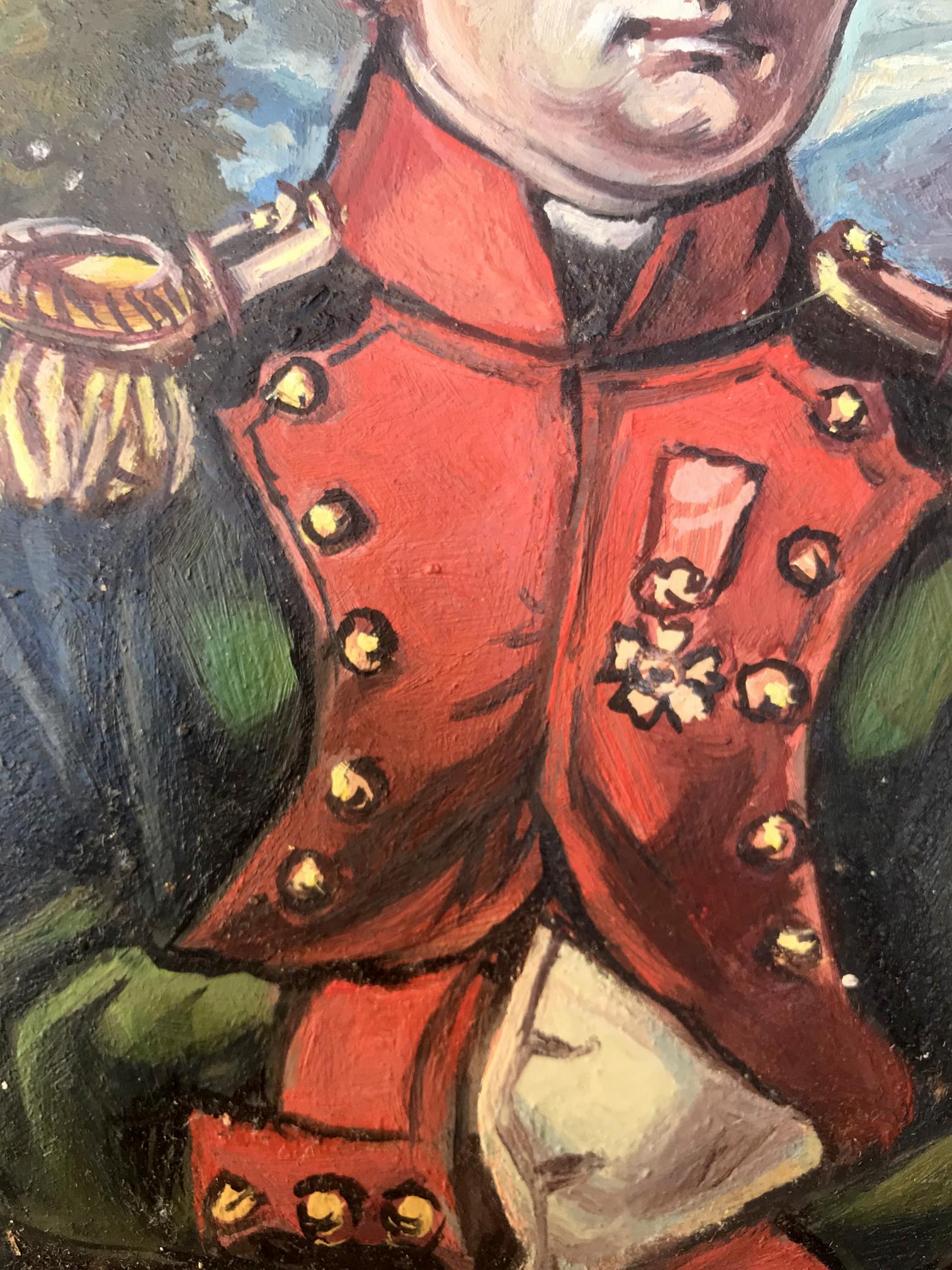 Oil painting portrait of Napoleon in vibrant red military coat with gold buttons and medal