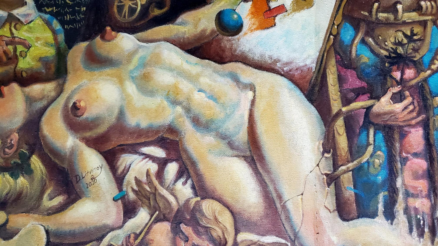 Surreal pale nude figure in oil painting The dream of Leonardo da Vinci by Litvinov Daniil Olegovich