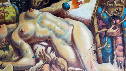 Surreal pale nude figure in oil painting The dream of Leonardo da Vinci by Litvinov Daniil Olegovich