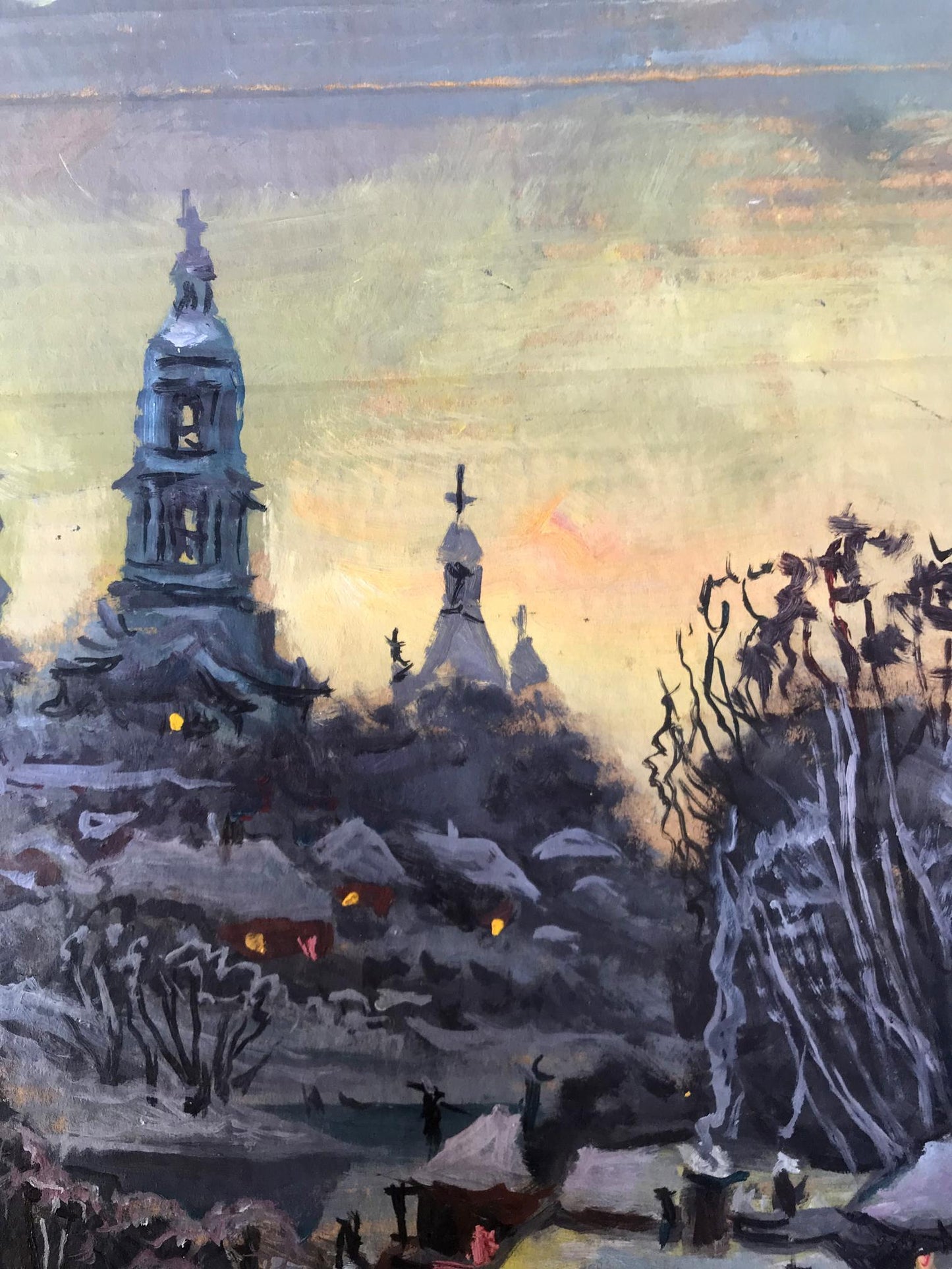 Oil painting by Alexander Litvinov: snow-covered church with glowing windows