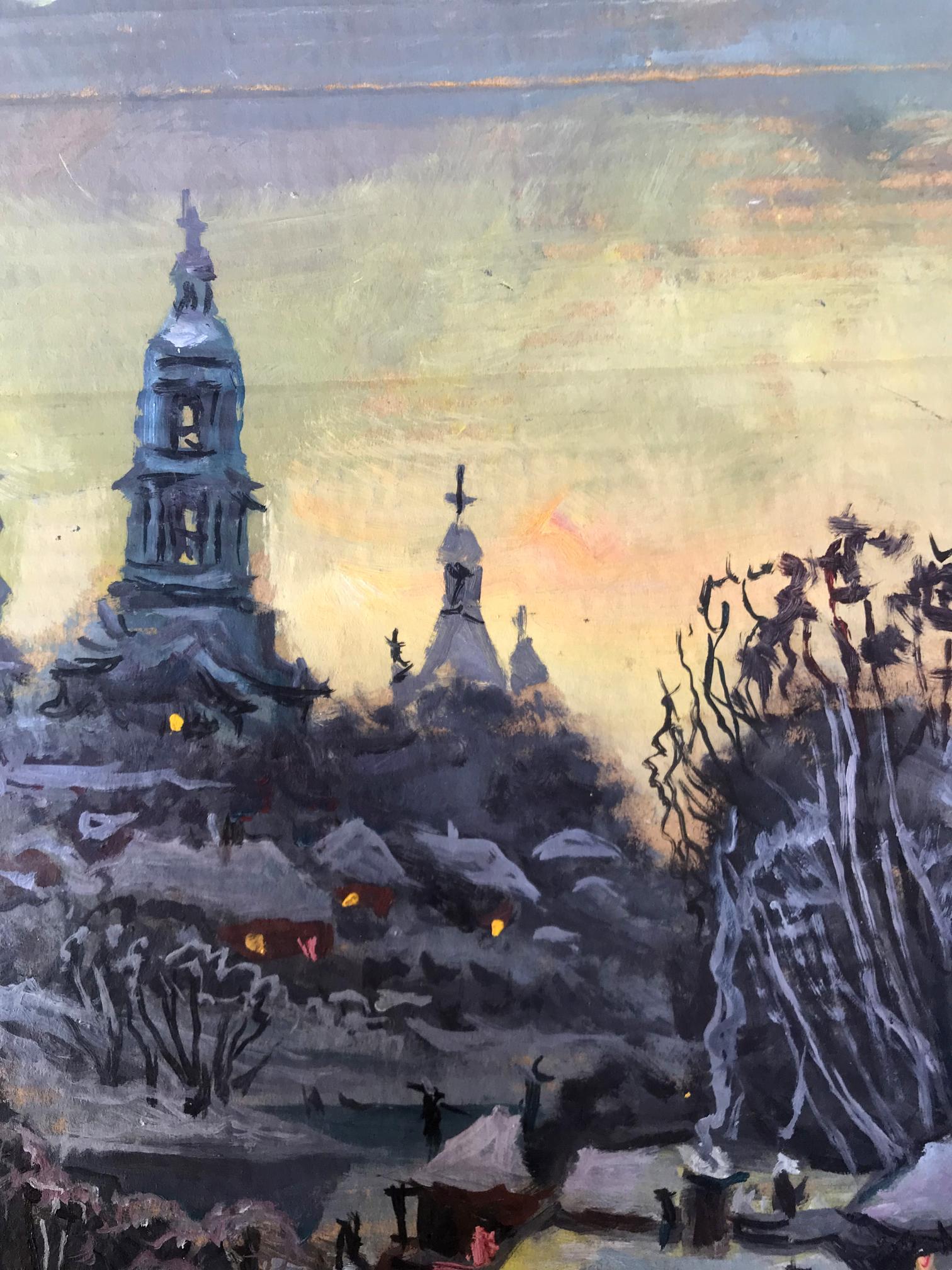 Oil painting by Alexander Litvinov: snow-covered church with glowing windows