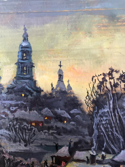 Oil painting by Alexander Litvinov: snow-covered church with glowing windows