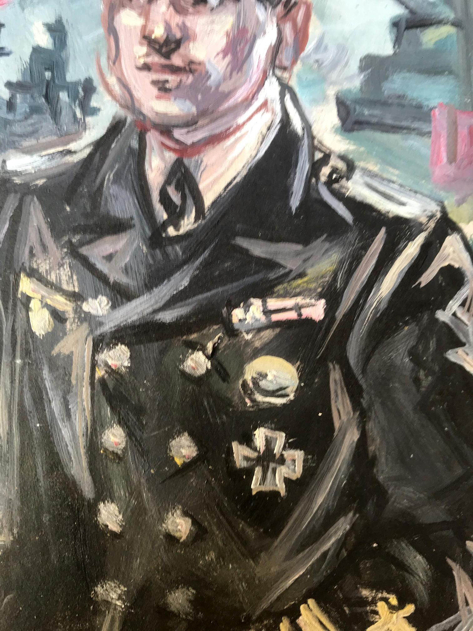 Oil painting of Ship officer Alexander Arkadievich Litvinov in dark navy coat with gold buttons, silver insignia, iron cross