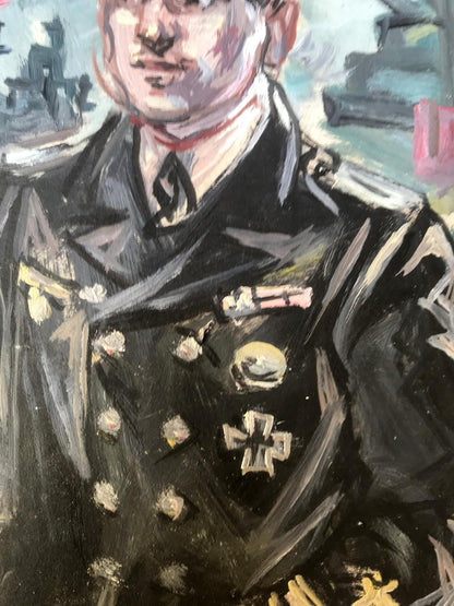 Oil painting of Ship officer Alexander Arkadievich Litvinov in dark navy coat with gold buttons, silver insignia, iron cross