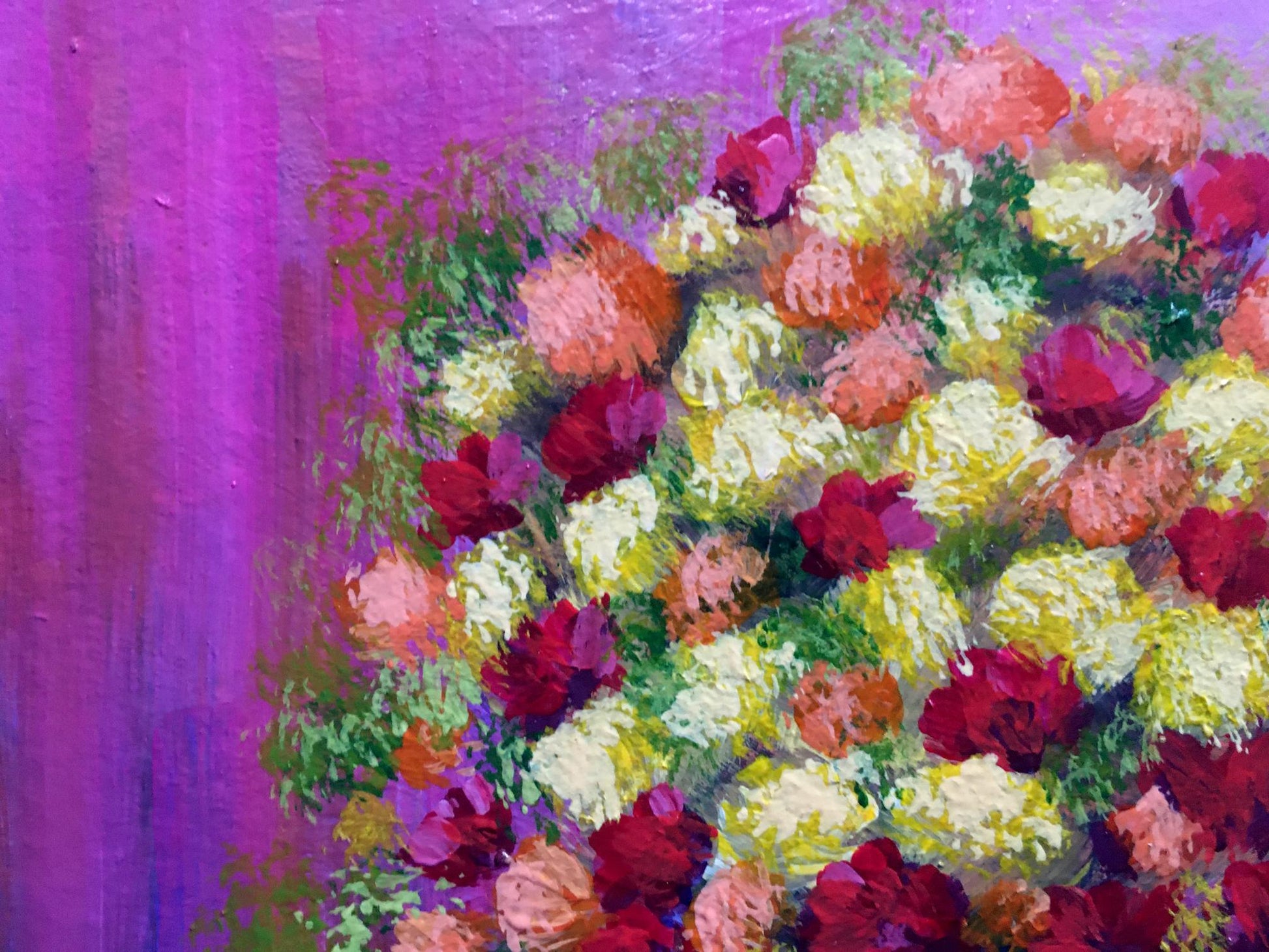 Vibrant oil painting of lush bouquet with white pink red roses by Zadorozhnya V. V