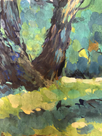 Oil painting In the meadow by Alexander Arkadievich Litvinov with textured tree trunk
