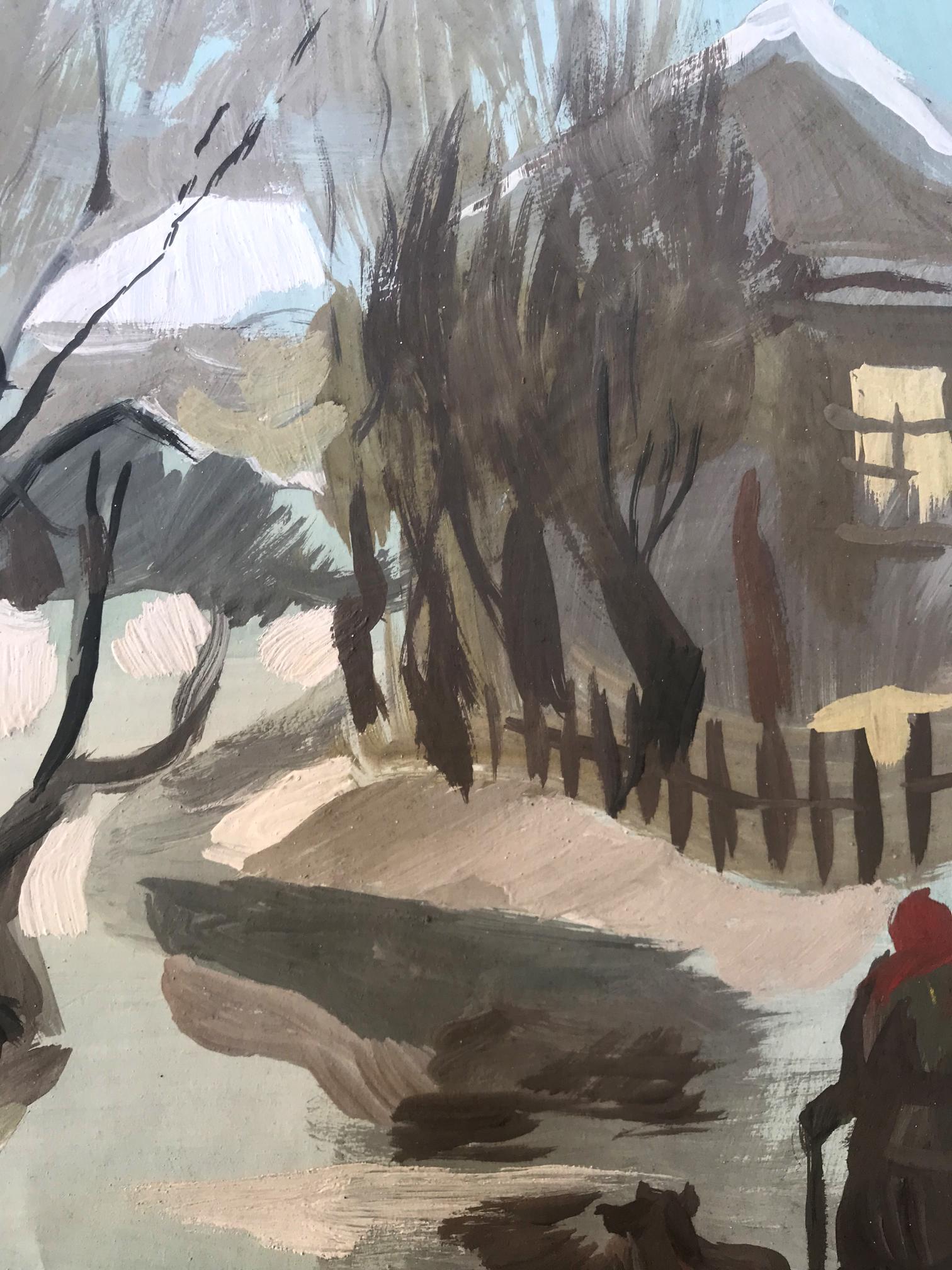Rustic oil painting Grandma returns in the evening by Alexander Litvinov, snowy house and trees