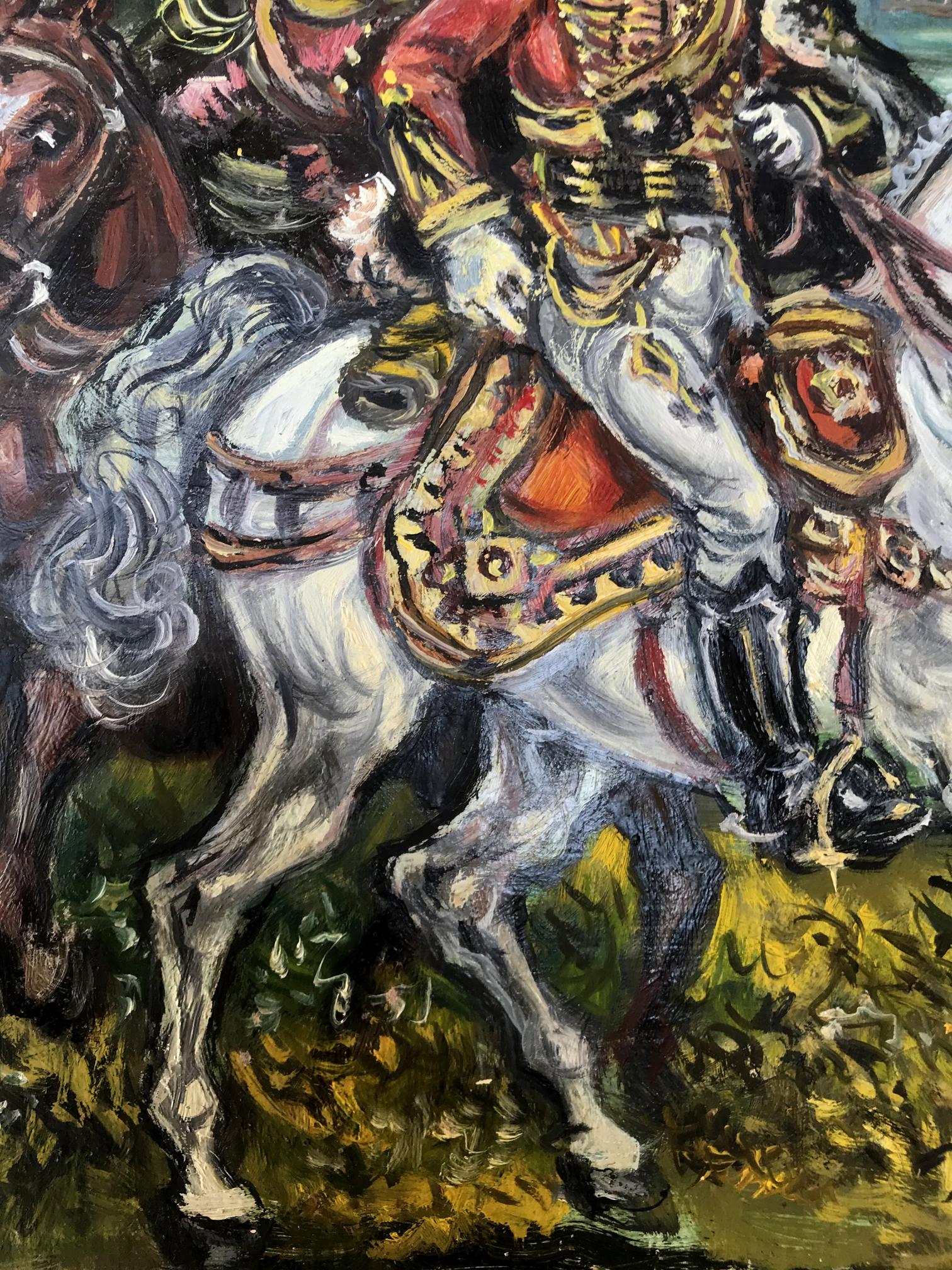 Oil painting of white horse with flowing mane and ornate red-gold saddle gear