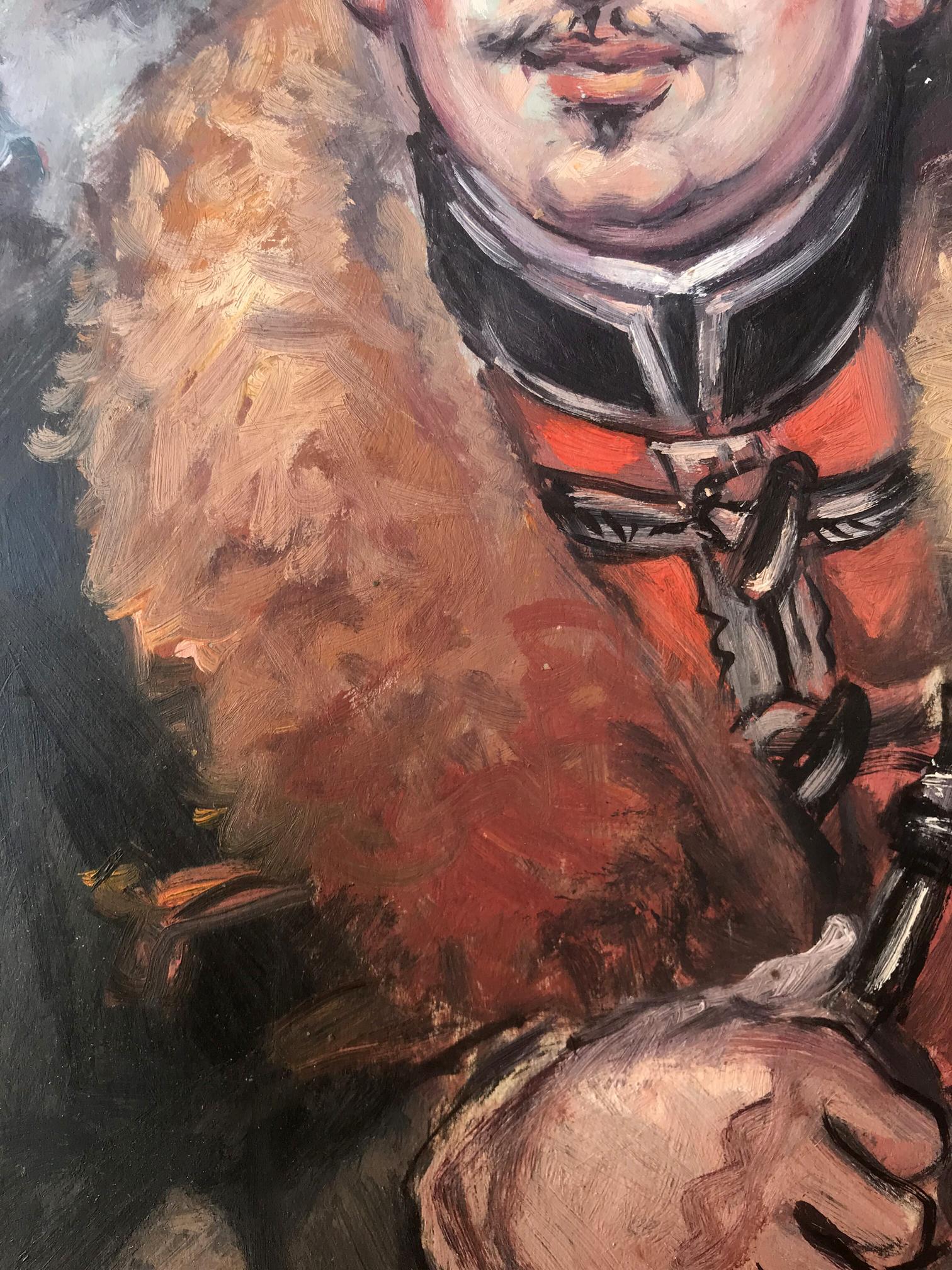 Oil painting portrait of officer in red coat with fur collar by Alexander Litvinov
