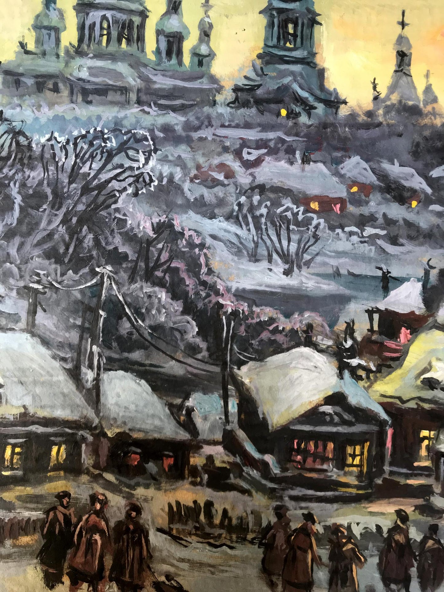 Snowy R. village with onion domes by Alexander Litvinov oil painting