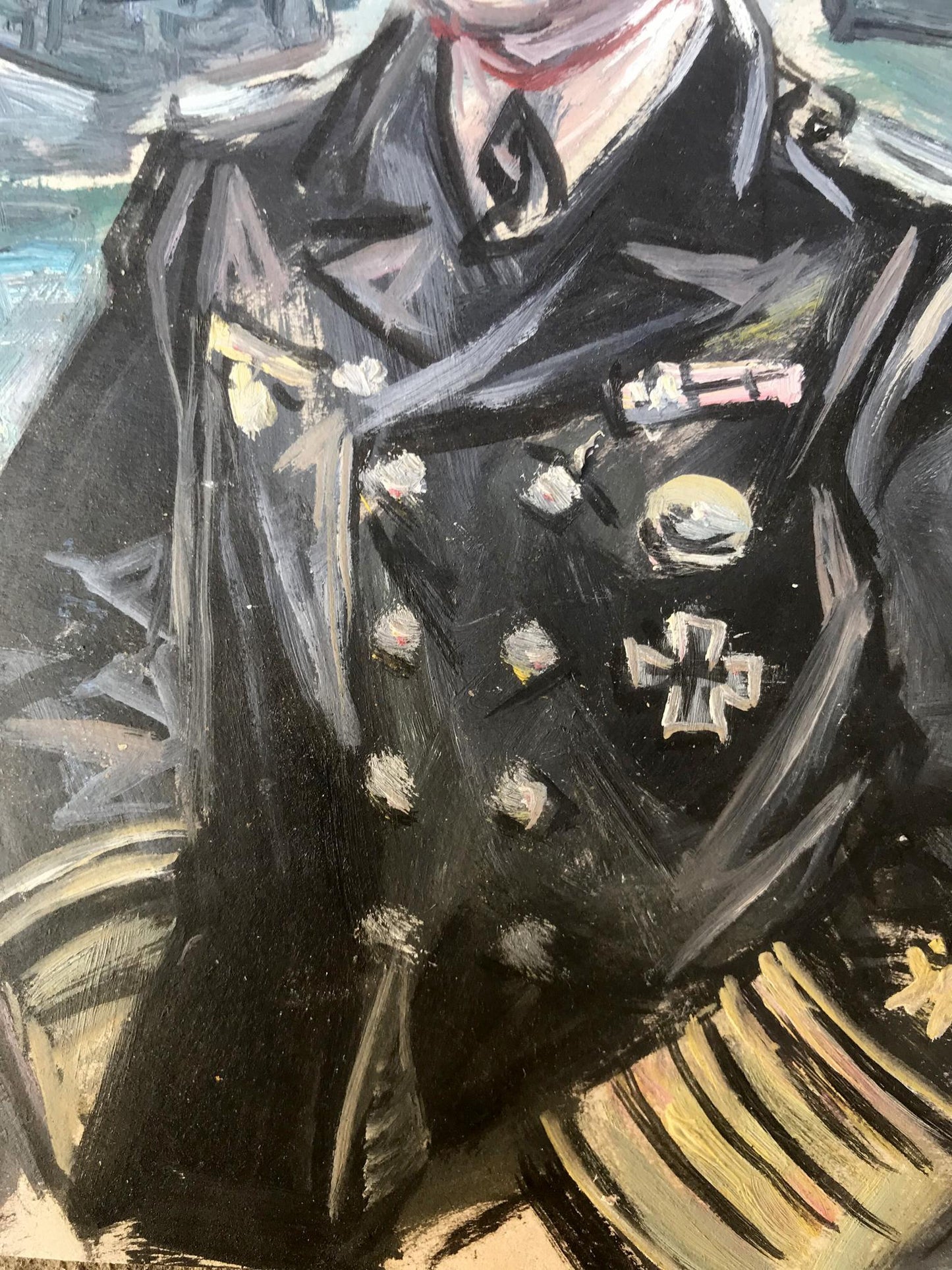 Oil painting of Ship officer Alexander Arkadievich Litvinov in black military coat with gold epaulets, silver buttons, white cross medal