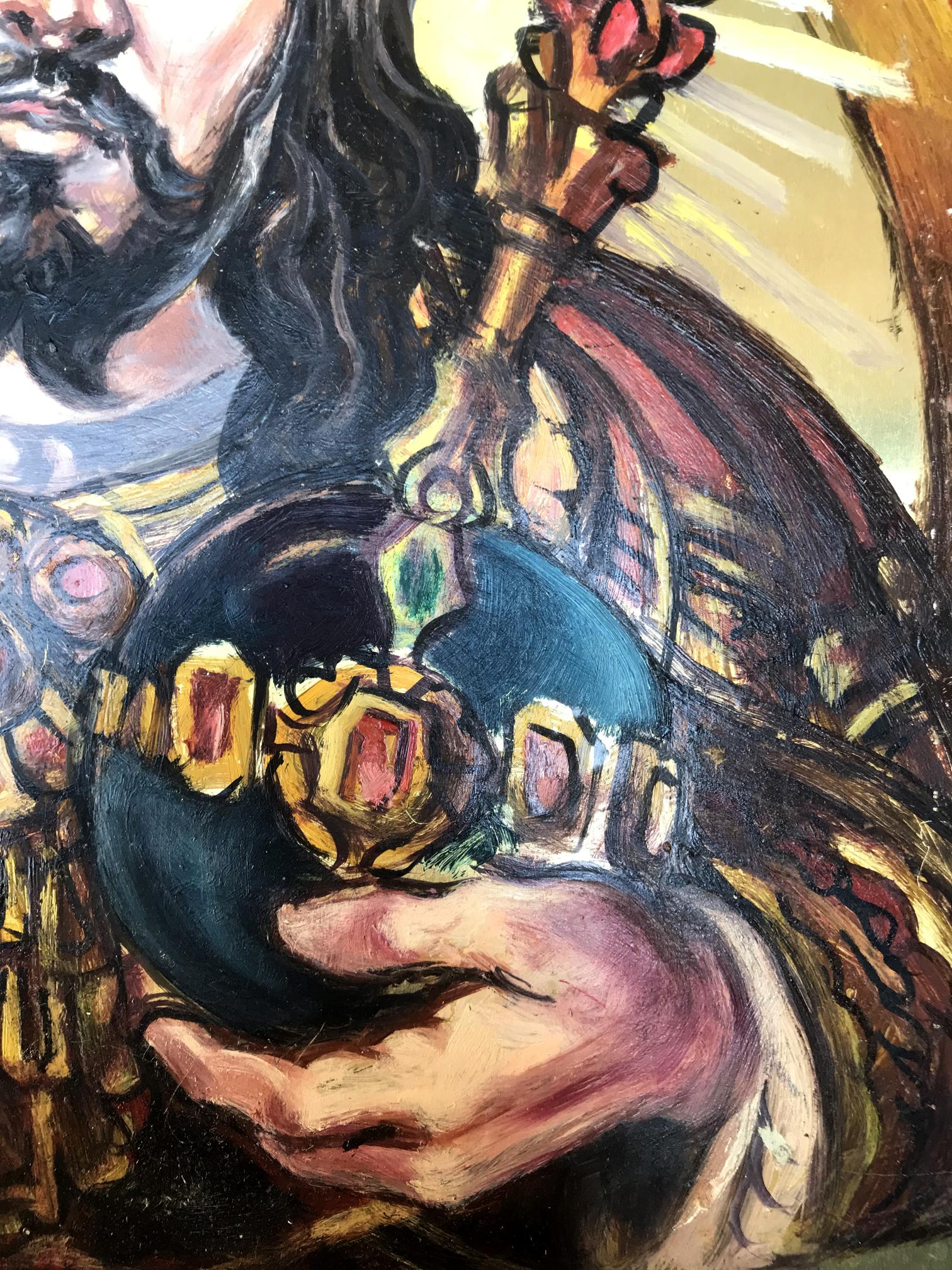 Hand holding dark ornate orb with gold bands and red gems by Litvinov
