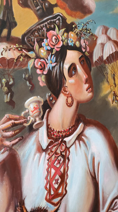 Oil painting Morning in Ukraine by Litvinov Daniil Olegovich: woman with teacup