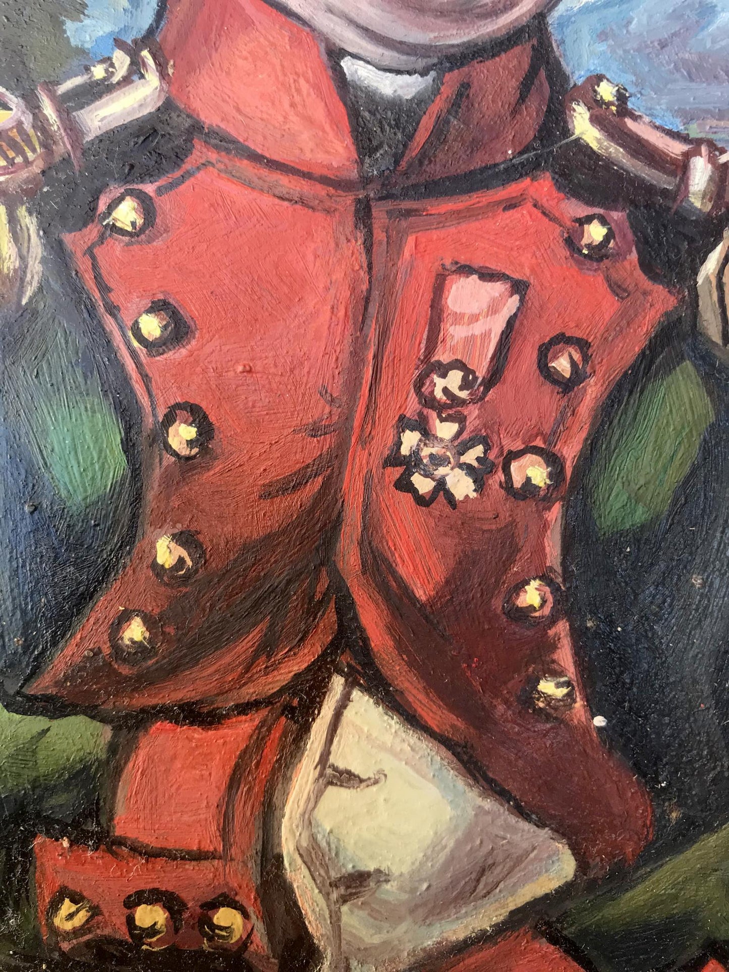 Oil painting portrait of Napoleon in vibrant red military jacket with gold buttons and floral emblem