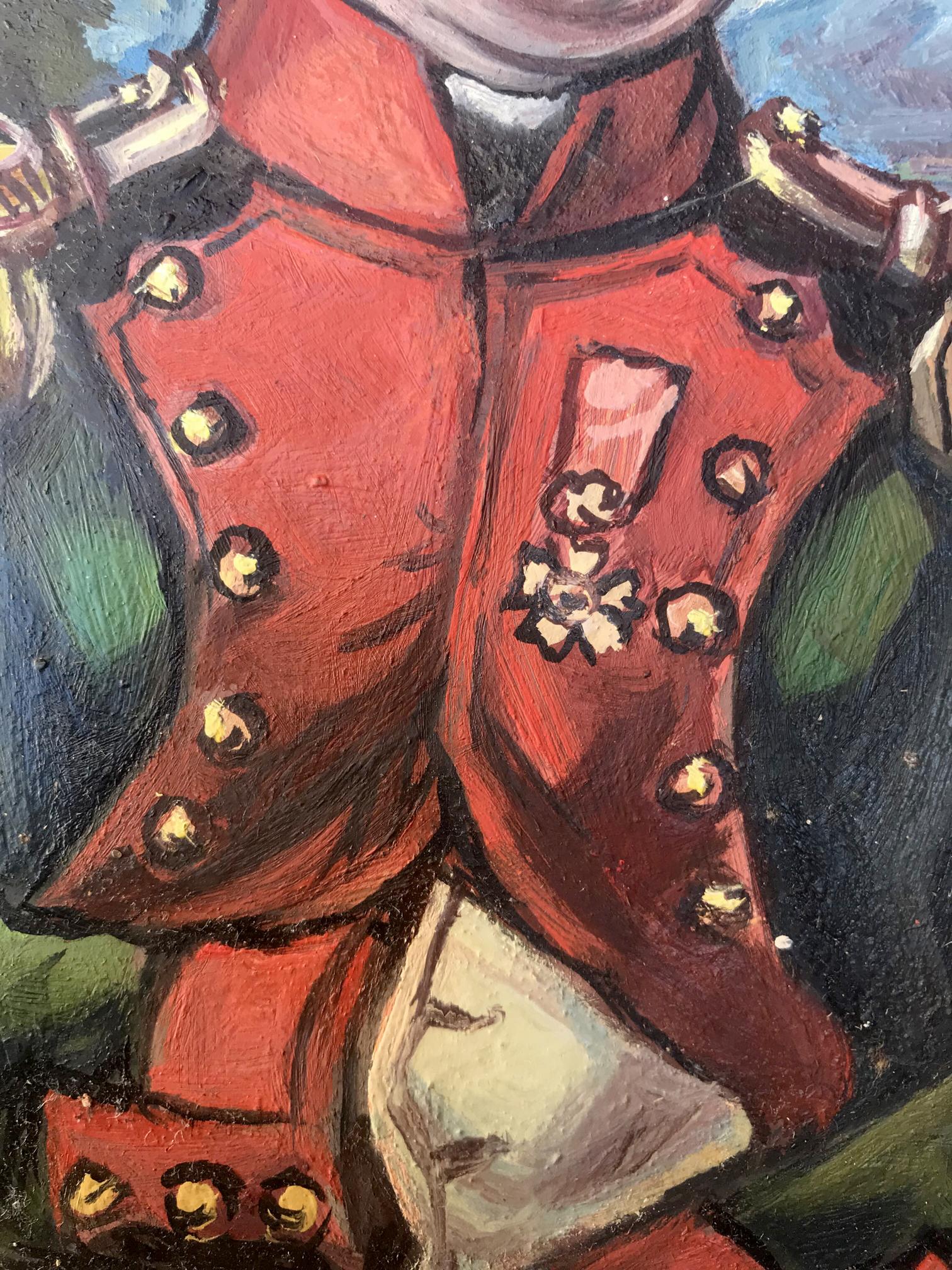 Oil painting portrait of Napoleon in vibrant red military jacket with gold buttons and floral emblem