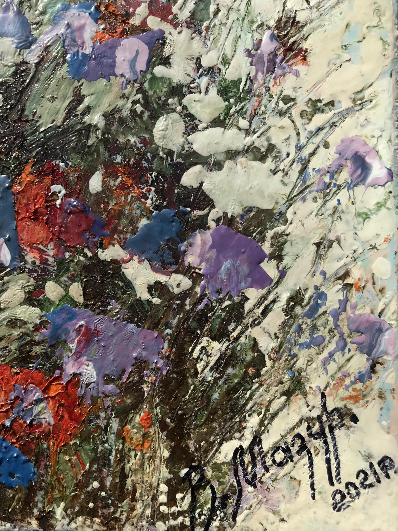 Oil painting Flowers Mazur Vladimir: abstract purple red blue white on dark textured background